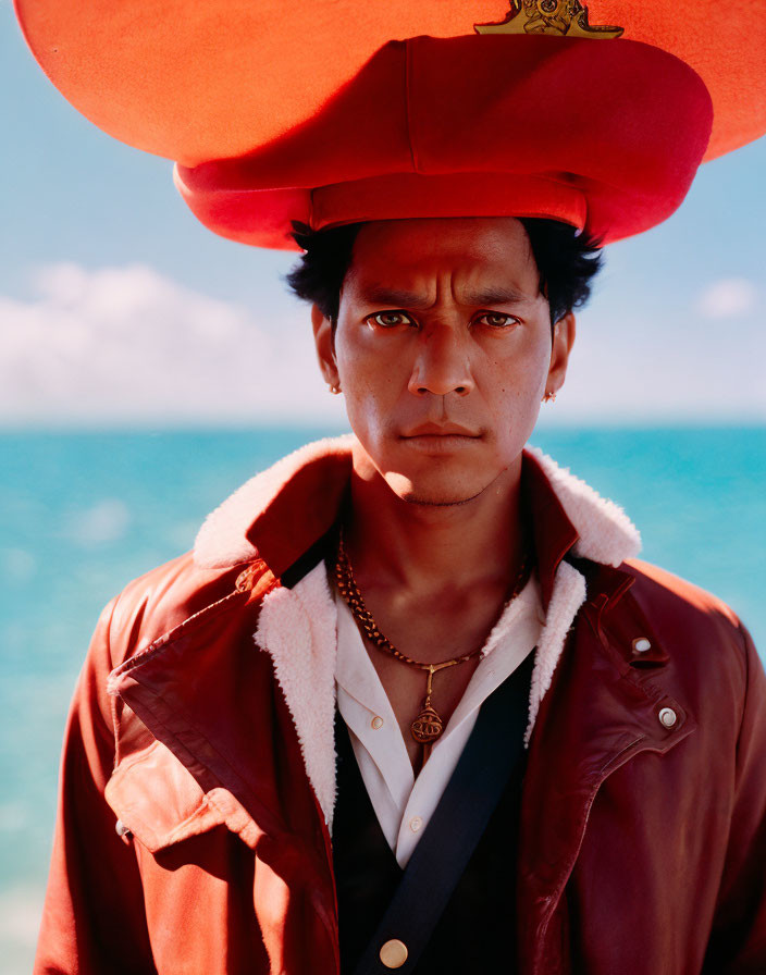 Intense man in red hat and maroon jacket against blue sky and sea