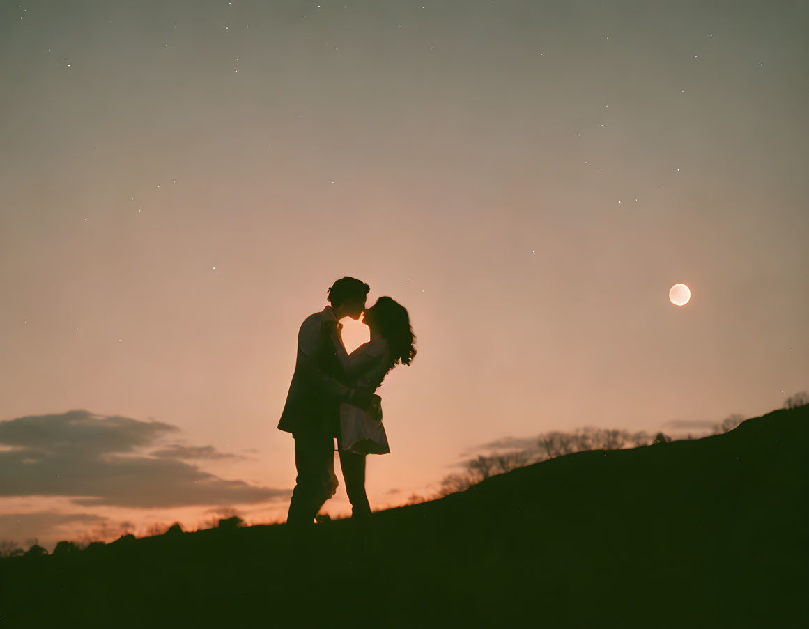 Silhouette of couple embracing under twilight sky with moon and stars