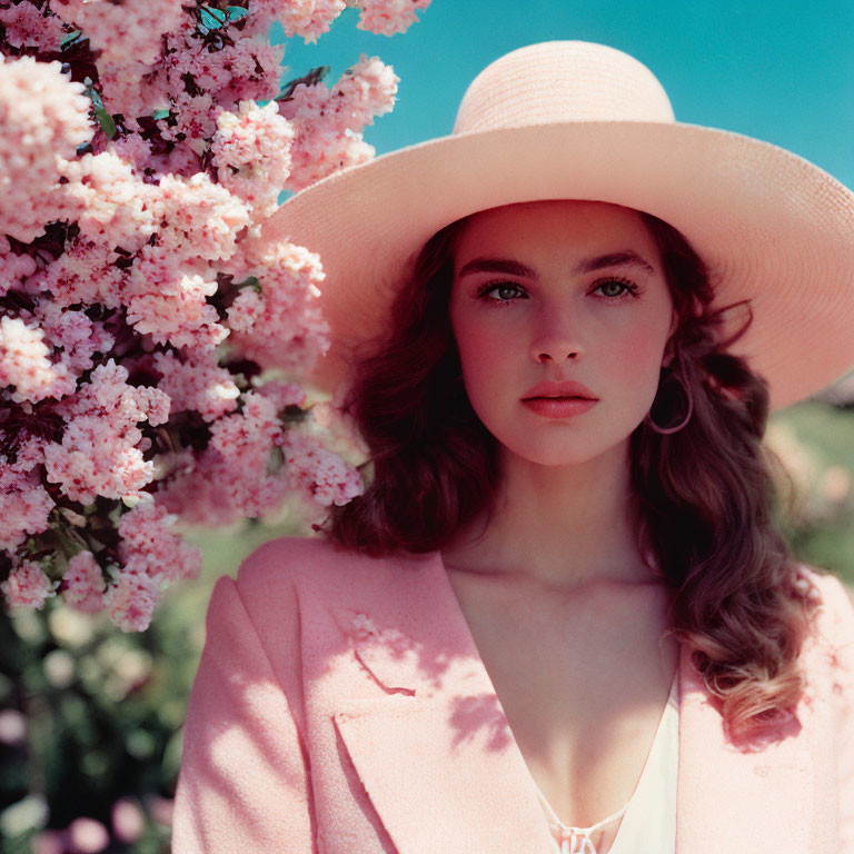 Woman in Pink Outfit with Wide-Brimmed Hat Surrounded by Blooming Pink Flowers