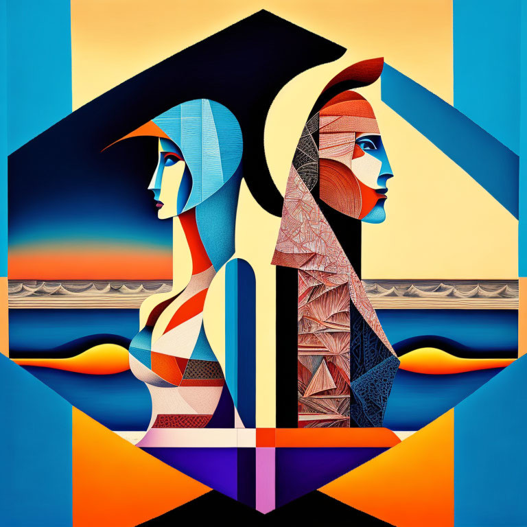 Colorful abstract art: geometric human profiles in desert landscape