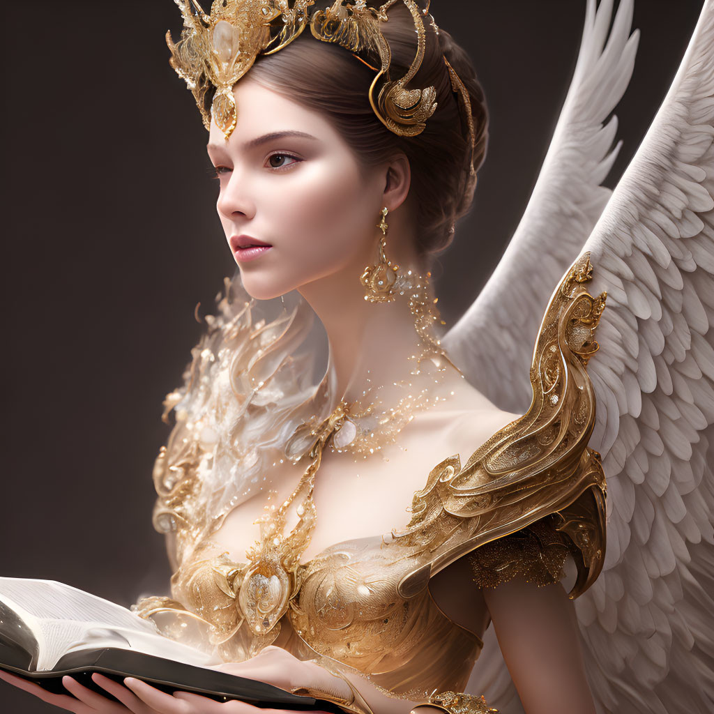 Golden-crowned angel in armor with white wings reading book on dark background