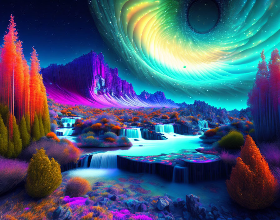 Colorful surreal landscape with neon trees, waterfalls, and galaxy with black hole