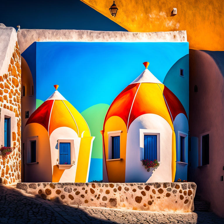 Colorful Dome-Shaped Buildings with Cobblestone Details and Bright Flowers