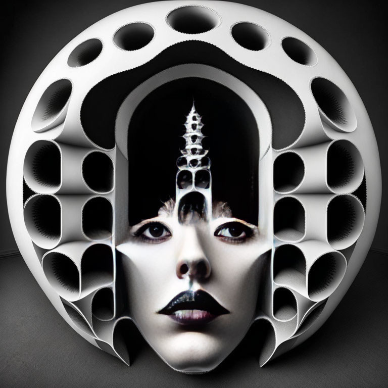 Symmetrical face aligned with abstract white helmet structure