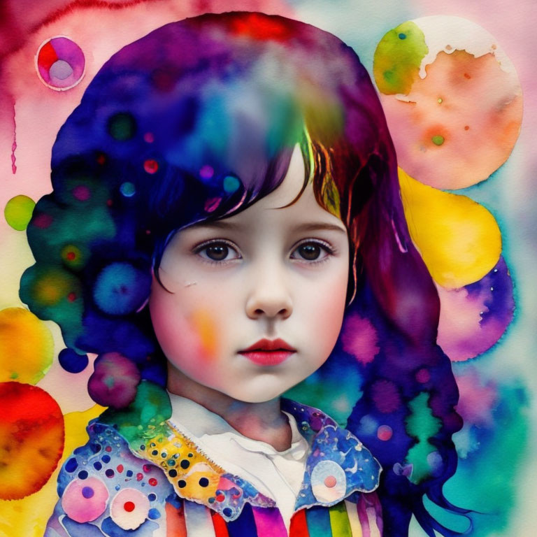 Vibrant watercolor portrait of a child with purple, blue, and pink splashes