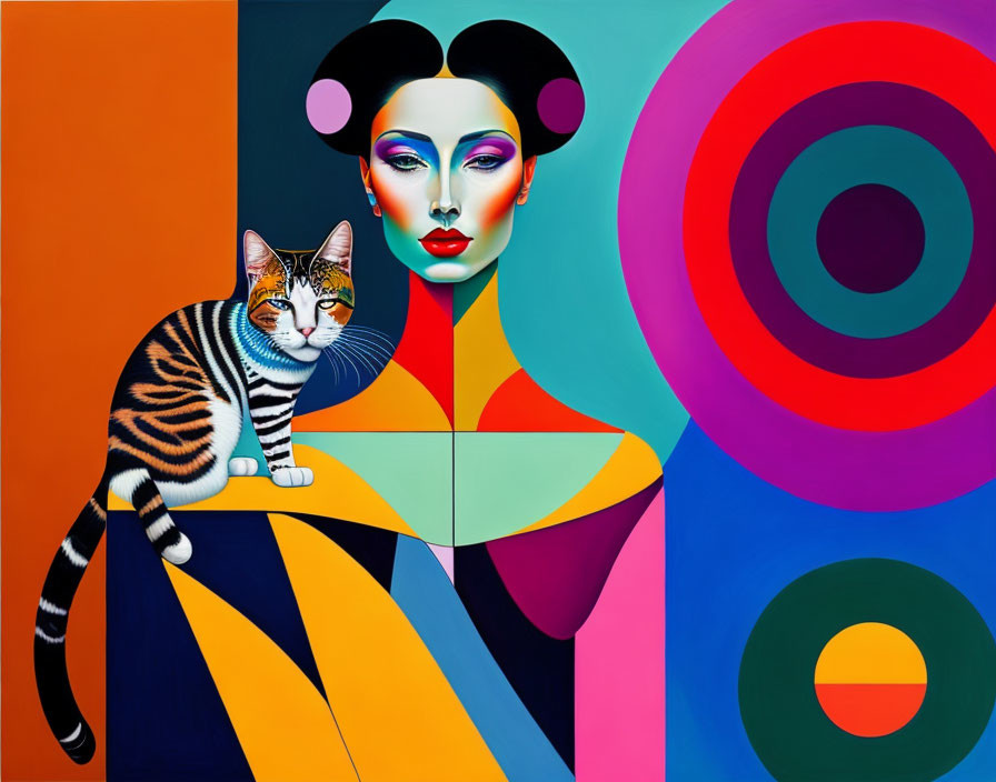 Vibrant abstract art: stylized woman with bold makeup and geometric background next to patterned cat