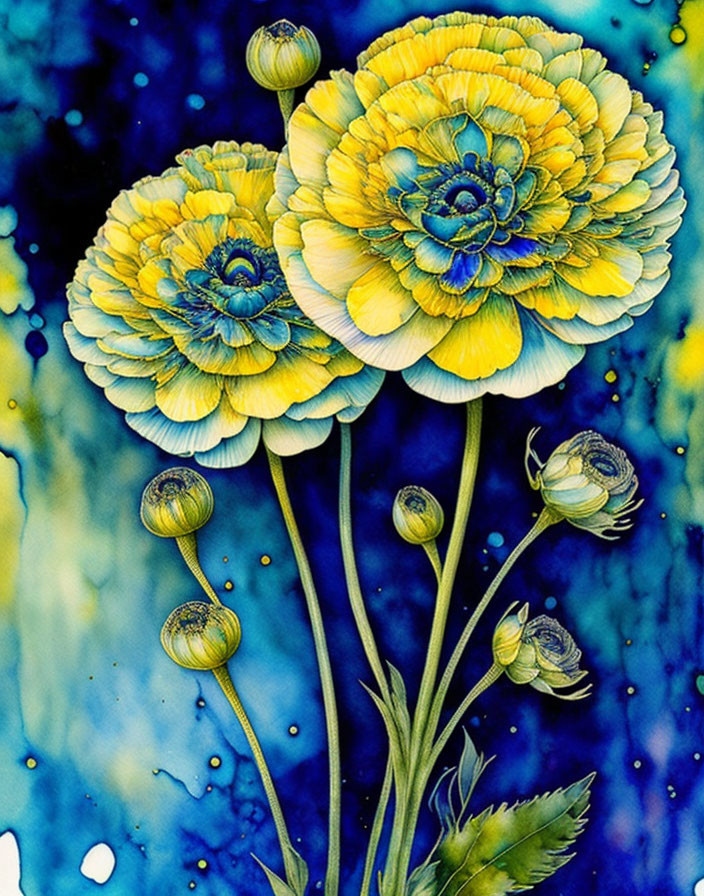 Colorful painting of yellow ranunculus flowers on blue speckled background