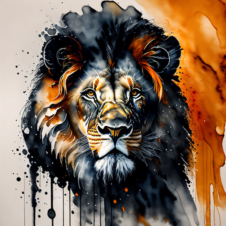 Lion's face with abstract orange watercolor splashes on white background