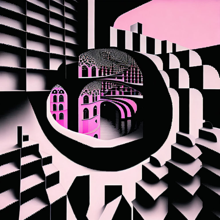 Pink and black surreal architecture with repeating patterns, arches, and staircases