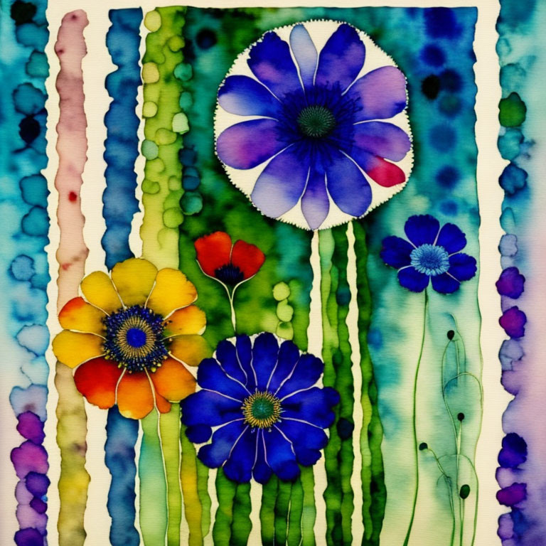 Colorful Watercolor Painting of Stylized Flowers in Blue, Purple, and Yellow