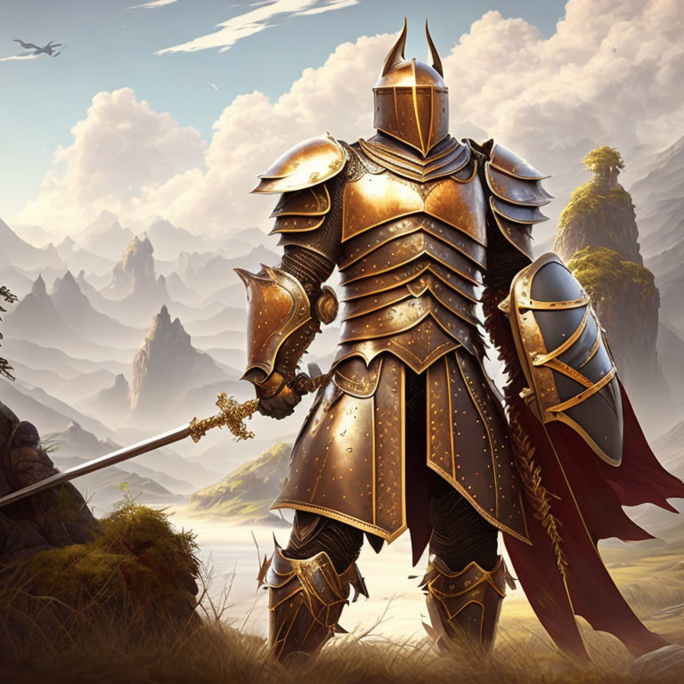 Knight in ornate armor with lance and shield in fantasy landscape with dragon