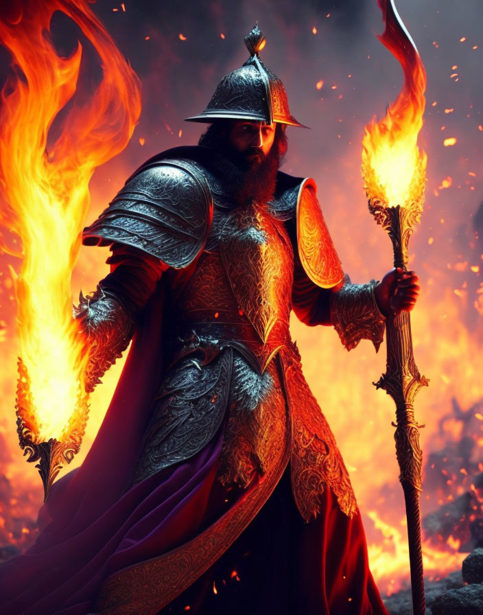 Majestic warrior in ornate armor with flaming sword and staff on fiery battlefield