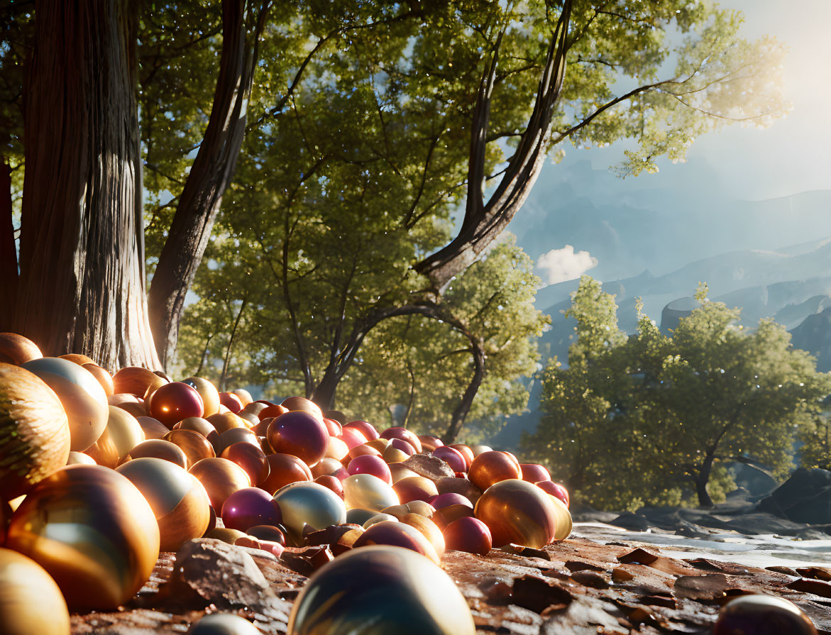 Colorful Spheres in Sunlit Forest Scene