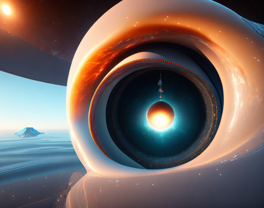 Surreal landscape with concentric circular portals and sunrise over tranquil scenery