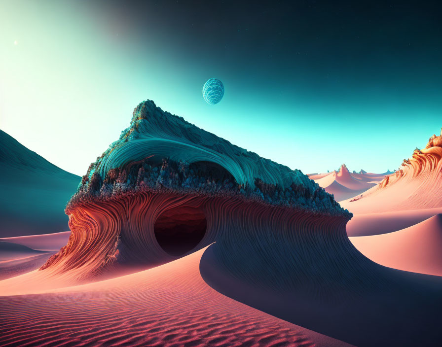 Surreal desert landscape with undulating dunes and cave-like structure under large planet