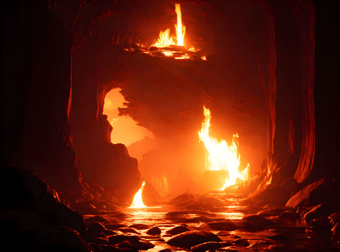 Volcanic cavern with flowing lava and flames in bright glow