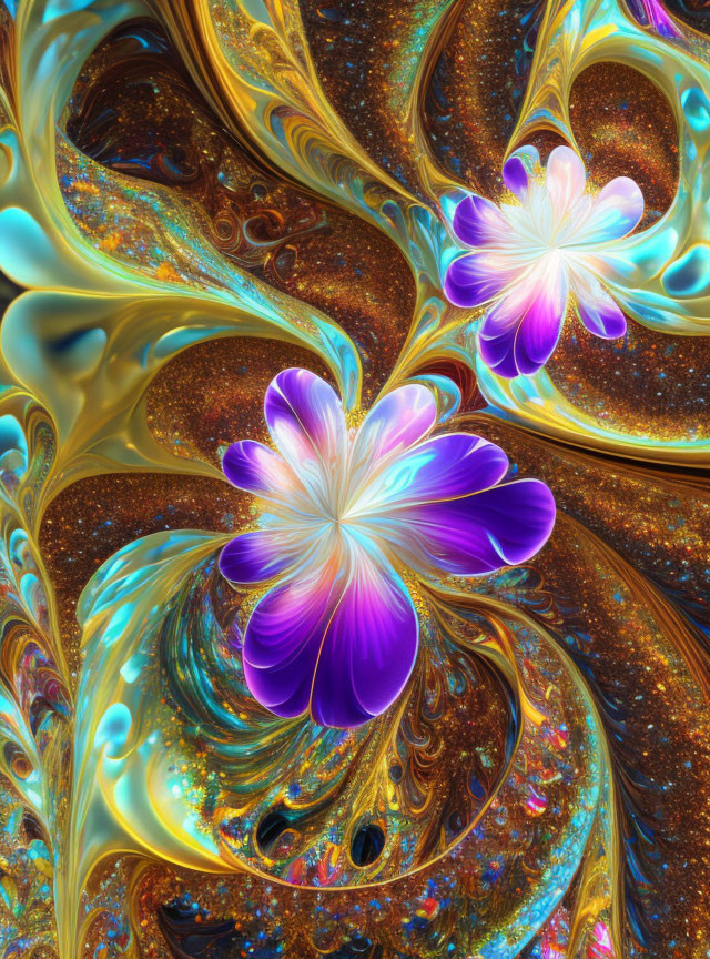 Colorful digital fractal art with golden patterns, brown background, and iridescent flowers.