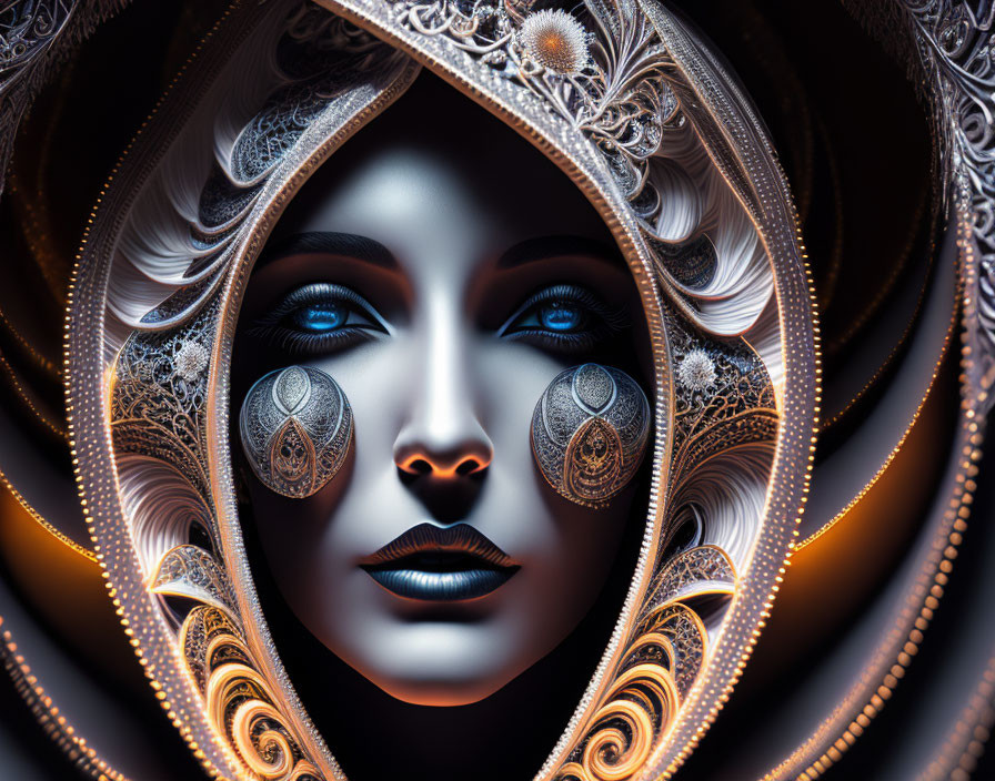 Symmetrical surreal digital artwork of ornate female face