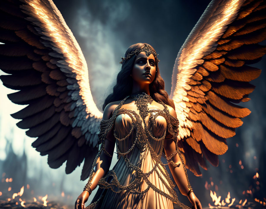 Majestic figure with angelic wings in fiery landscape wearing crown and armor