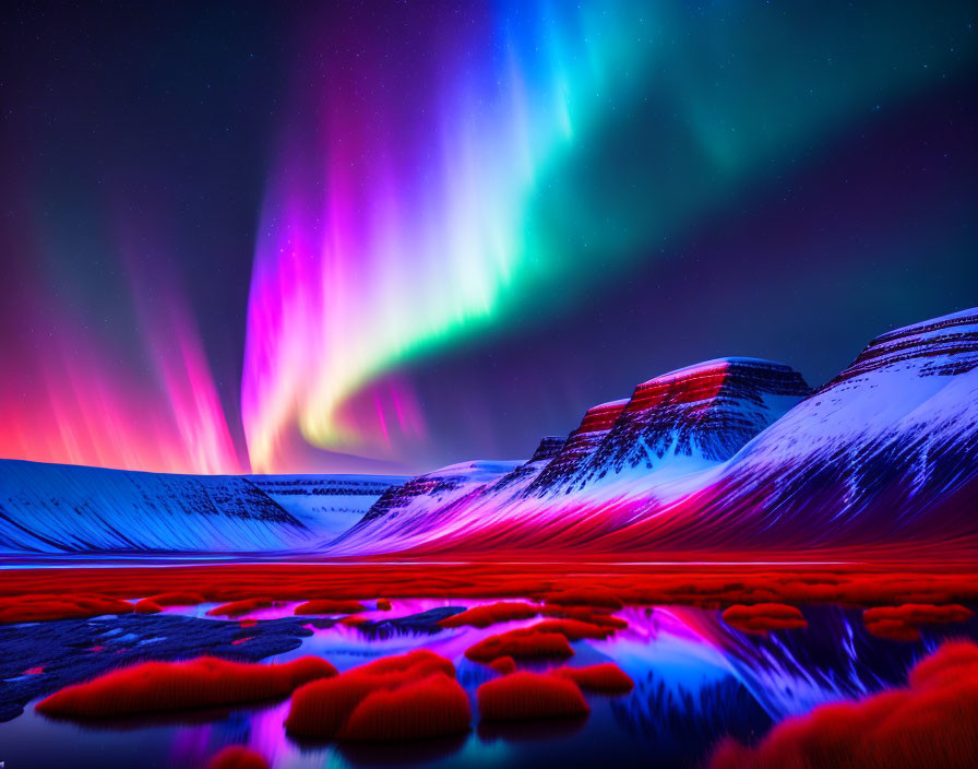 Northern Lights dance over snowy mountains and red aquatic plants in starlit sky.