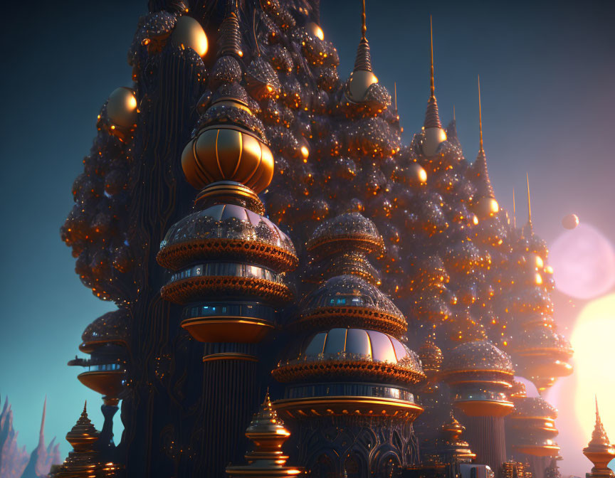 Ornate spherical buildings in futuristic city at twilight