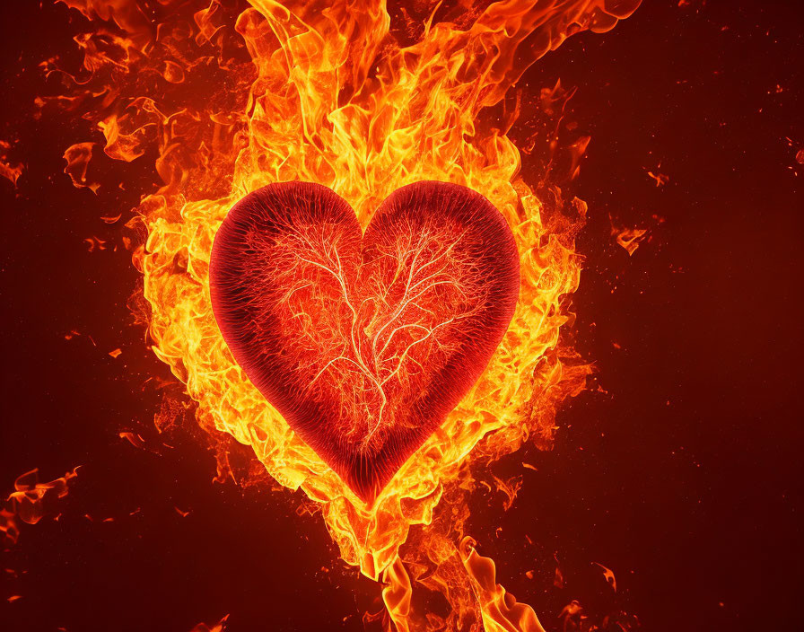 Detailed Red Heart engulfed in Flames on Dark Background