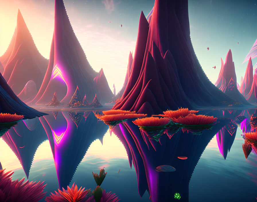 Vivid alien landscape: Sharp purple mountains, reflective water, neon flora, distant planets