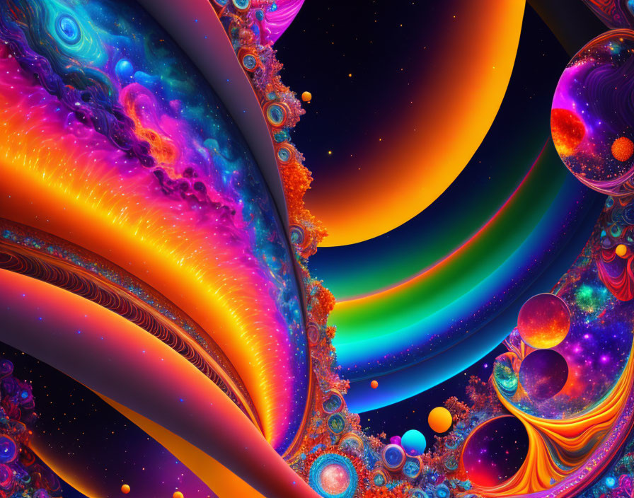 Colorful Abstract Fractal Art with Cosmic Swirls and Spherical Patterns