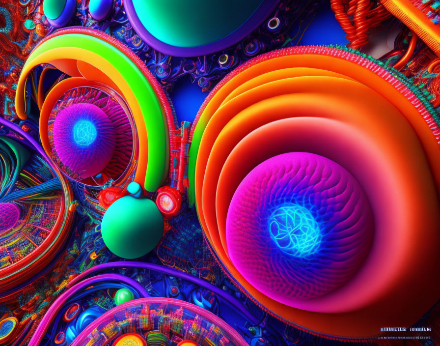 Colorful Fractal Image with Spirals and Spheres in Blues, Oranges, Greens, and