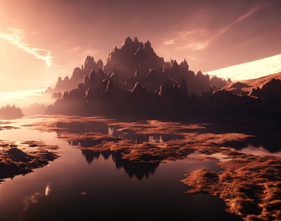 Alien landscape: Jagged mountains, calm waters, celestial body