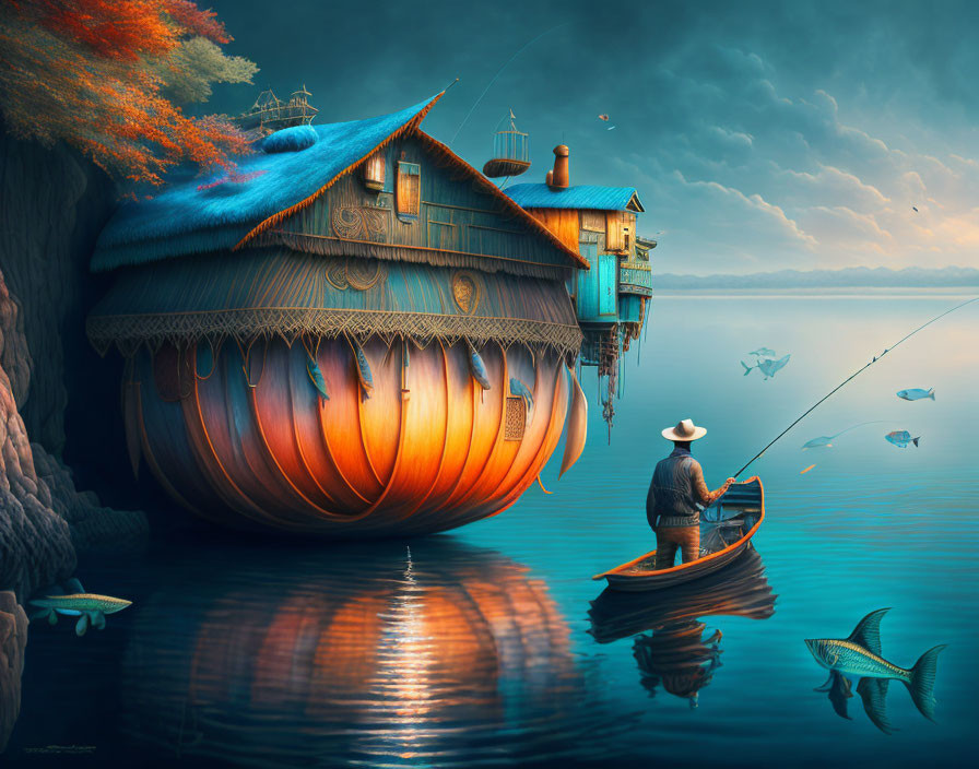 Whimsical pumpkin-shaped house on water with fishing person and jumping fish