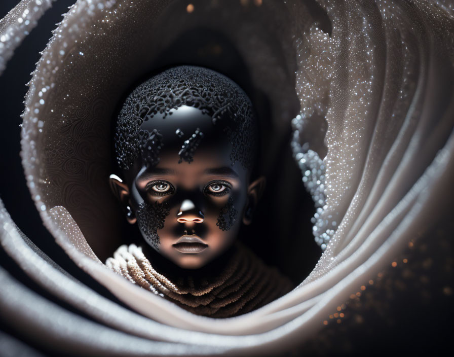 Dark-skinned child portrait surrounded by abstract cosmic petals.