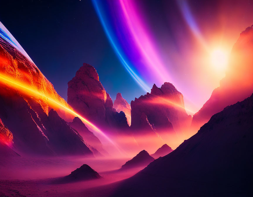 Vivid Sci-Fi Landscape with Neon Auroras and Glowing Sun