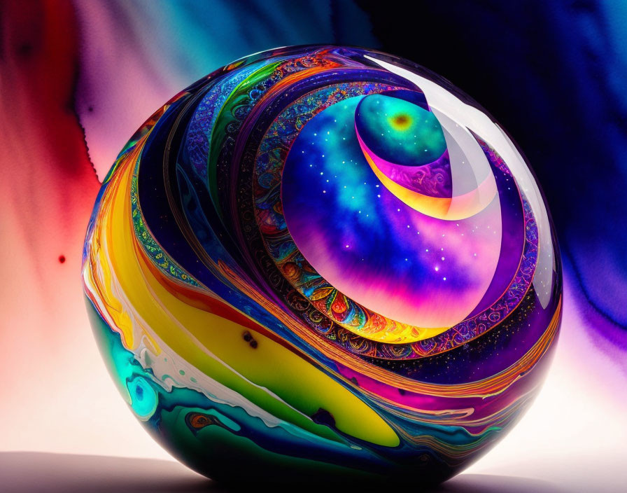 Multicolored Glass Orb with Cosmic Swirls and Starscape