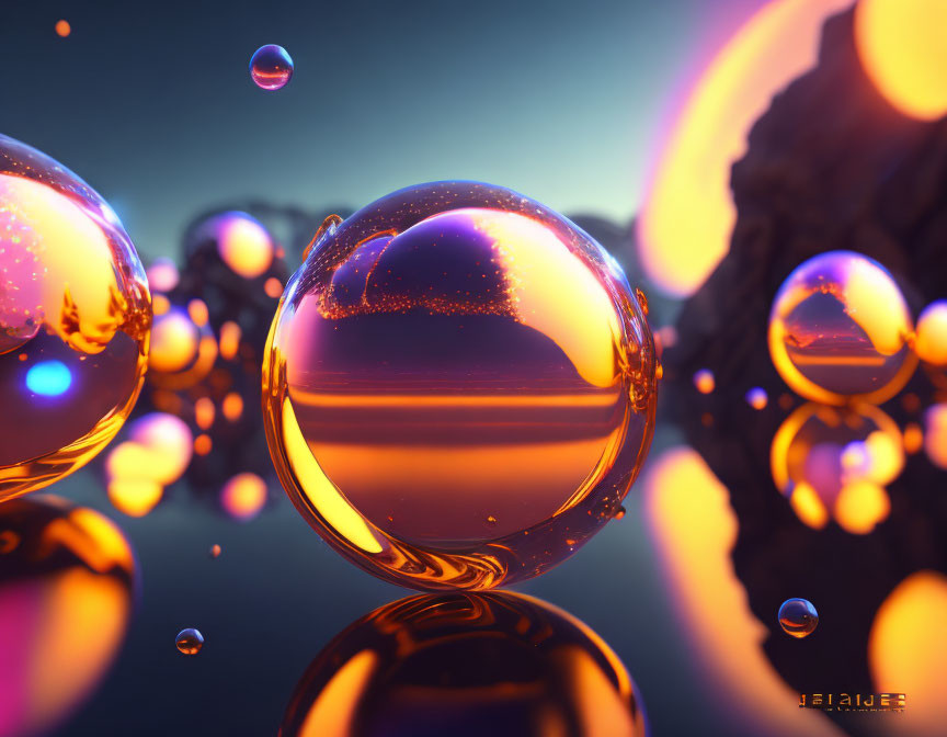 Reflective surface with glowing sunset landscapes in floating spheres on blue-orange gradient background