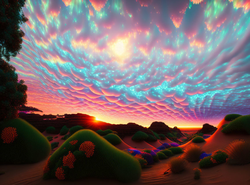 Surreal sunset landscape with pink clouds and fantastical flora