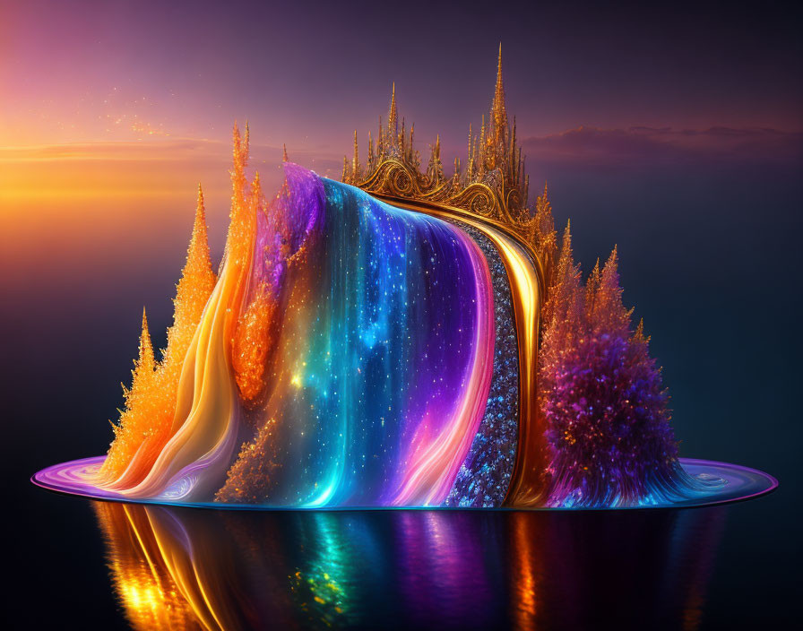 Colorful surreal landscape with cosmic waterfall, golden structure, and sunset sky.