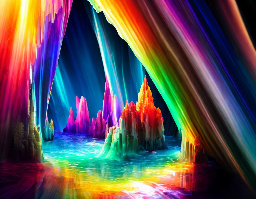 Colorful cascading ice formations create dreamlike landscape