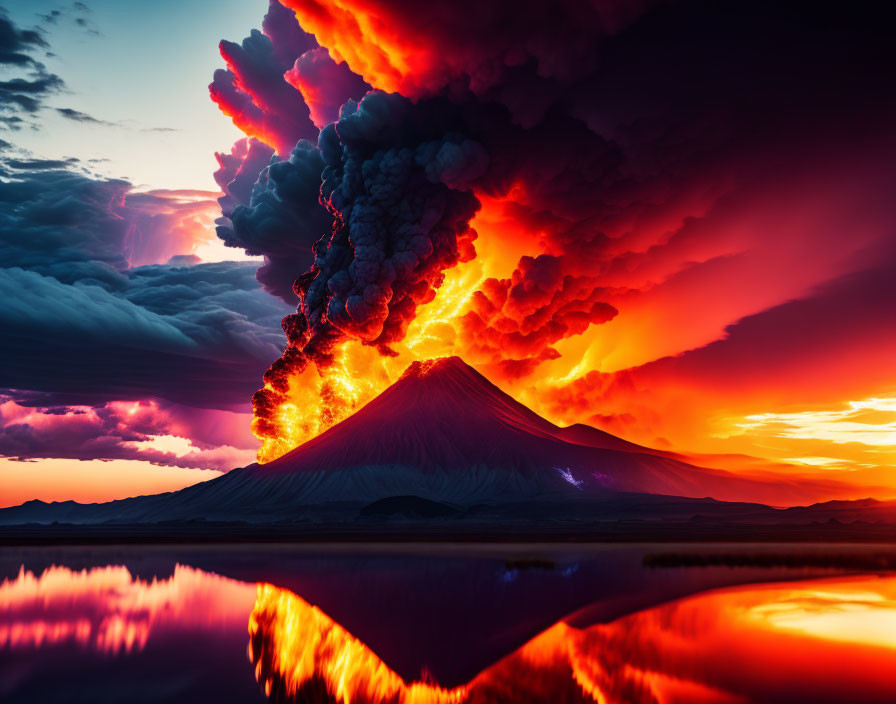 Volcano eruption at sunset casting colorful sky reflection