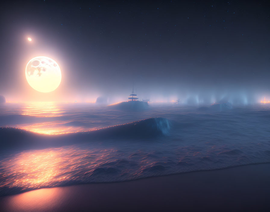 Serene seascape with moon, ship, and misty waves