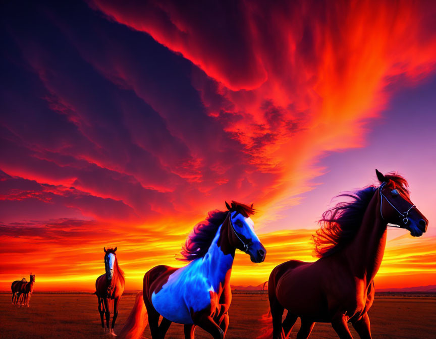 Vividly Colored Horses under Dramatic Sunset Sky