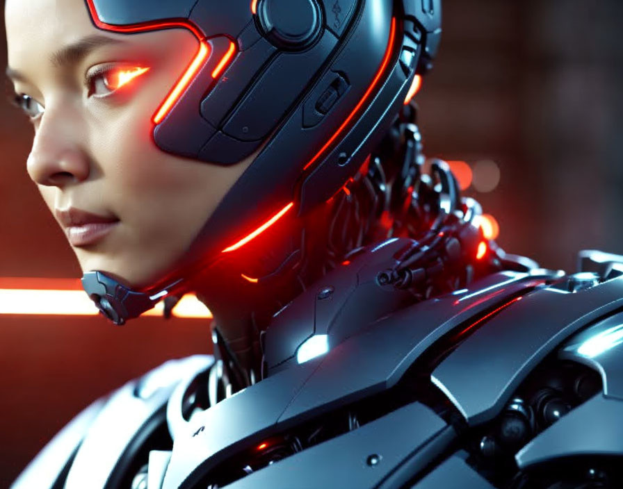 Person with Cybernetic Helmet and Glowing Red Accents: Futuristic Design