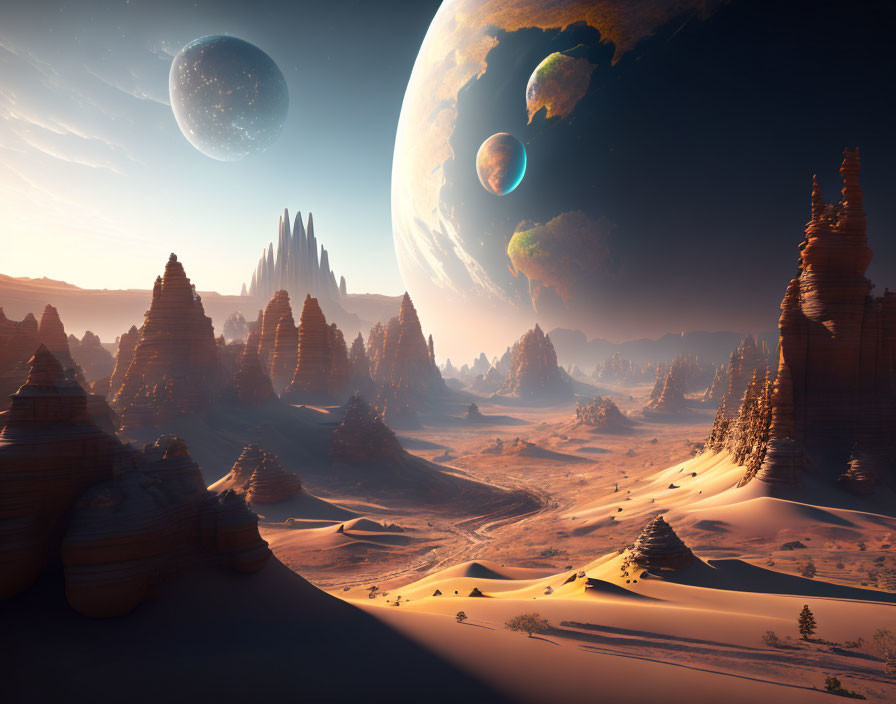 Desert Sci-Fi Landscape with Rock Formations and Multiple Planets