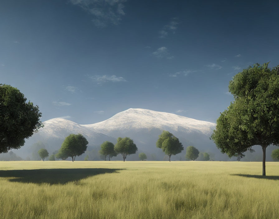 Scenic landscape: green meadow, trees, snow-capped mountains