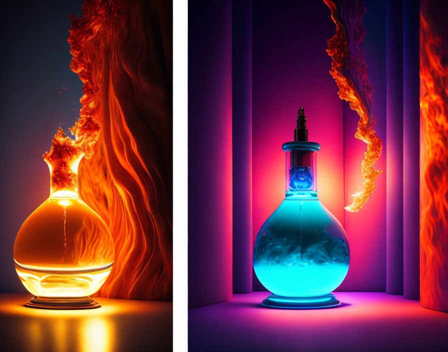 Digital artwork featuring two potion bottles on fiery background.