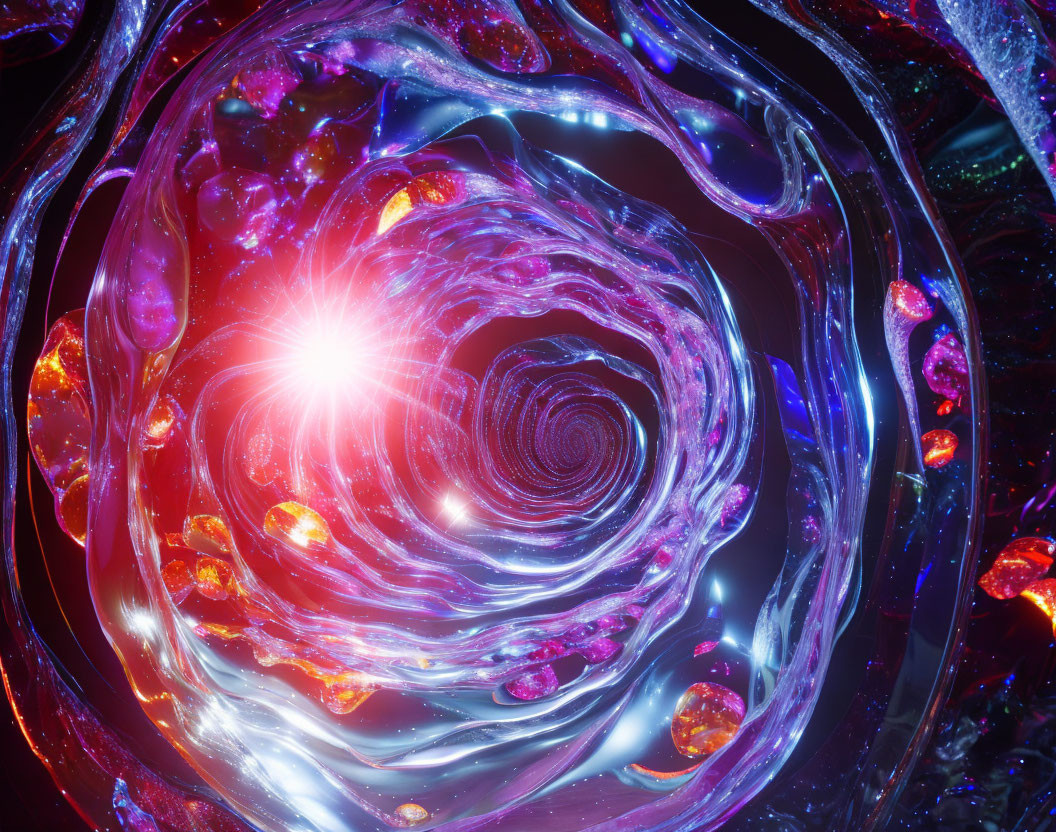 Vivid blues, purples, and reds in swirling nebula with bright center