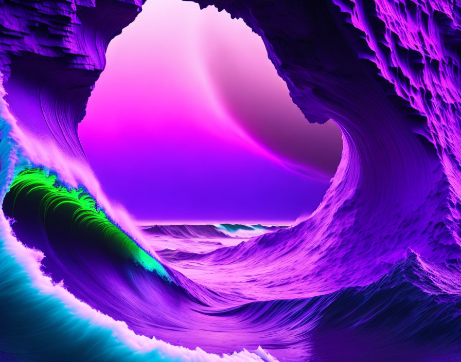 Digitally altered image of surreal purple cave with stylized ocean waves under magenta sky