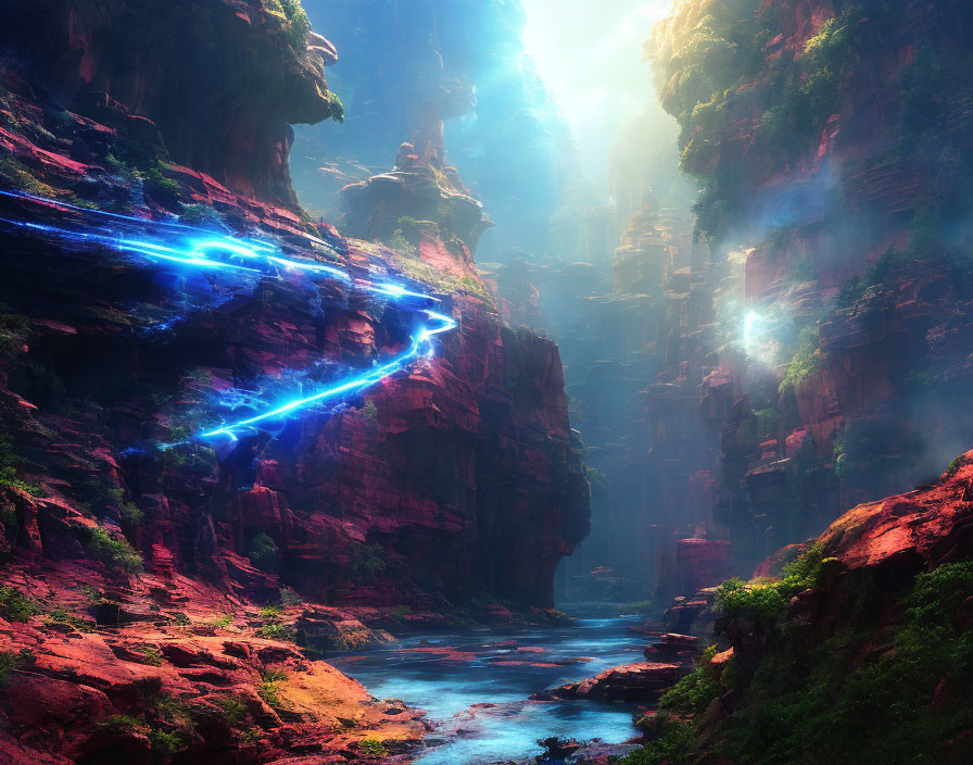 Mystical canyon with shimmering blue river and glowing energy lines