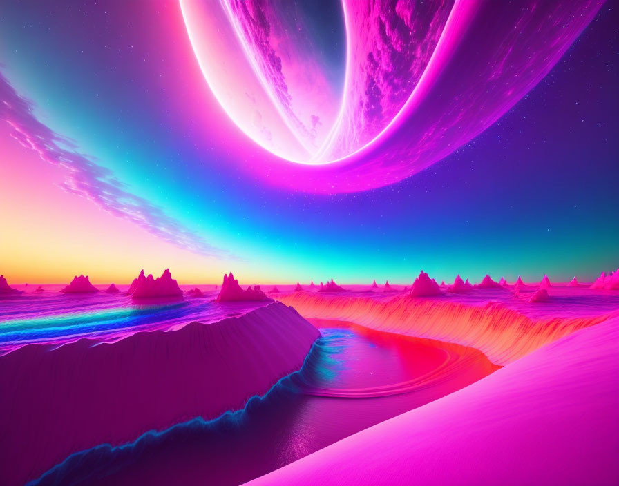 Colorful Alien Landscape with Pink Ringed Planet & Serpentine River