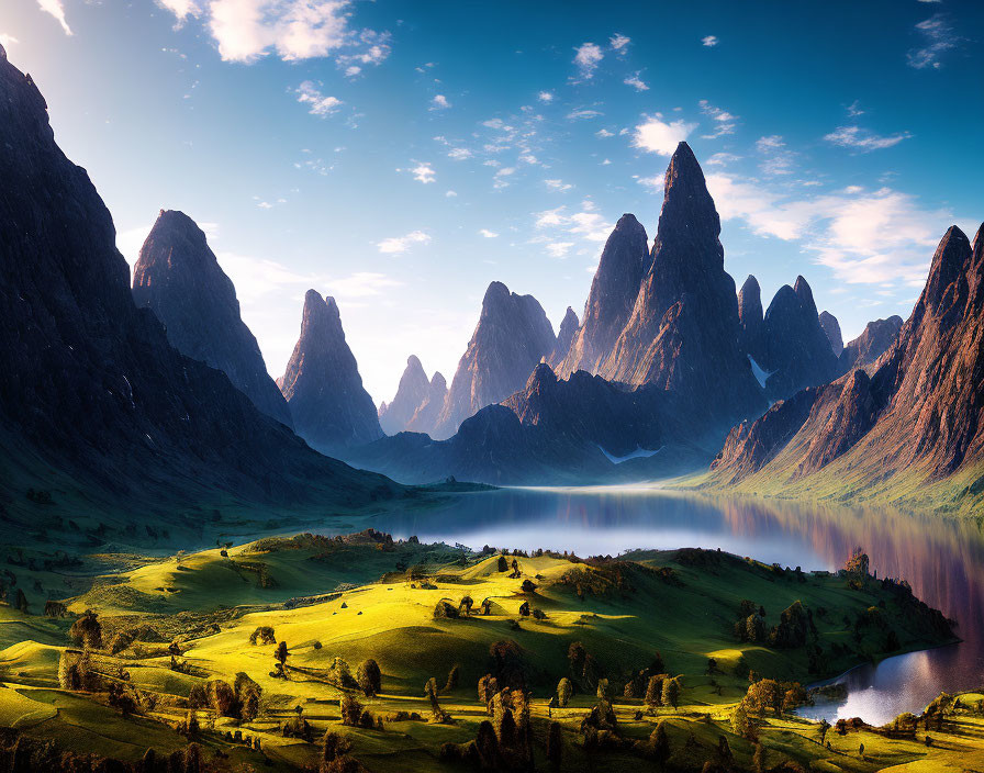 Tranquil landscape with towering peaks, reflective lake, lush greenery, and soft sunlight